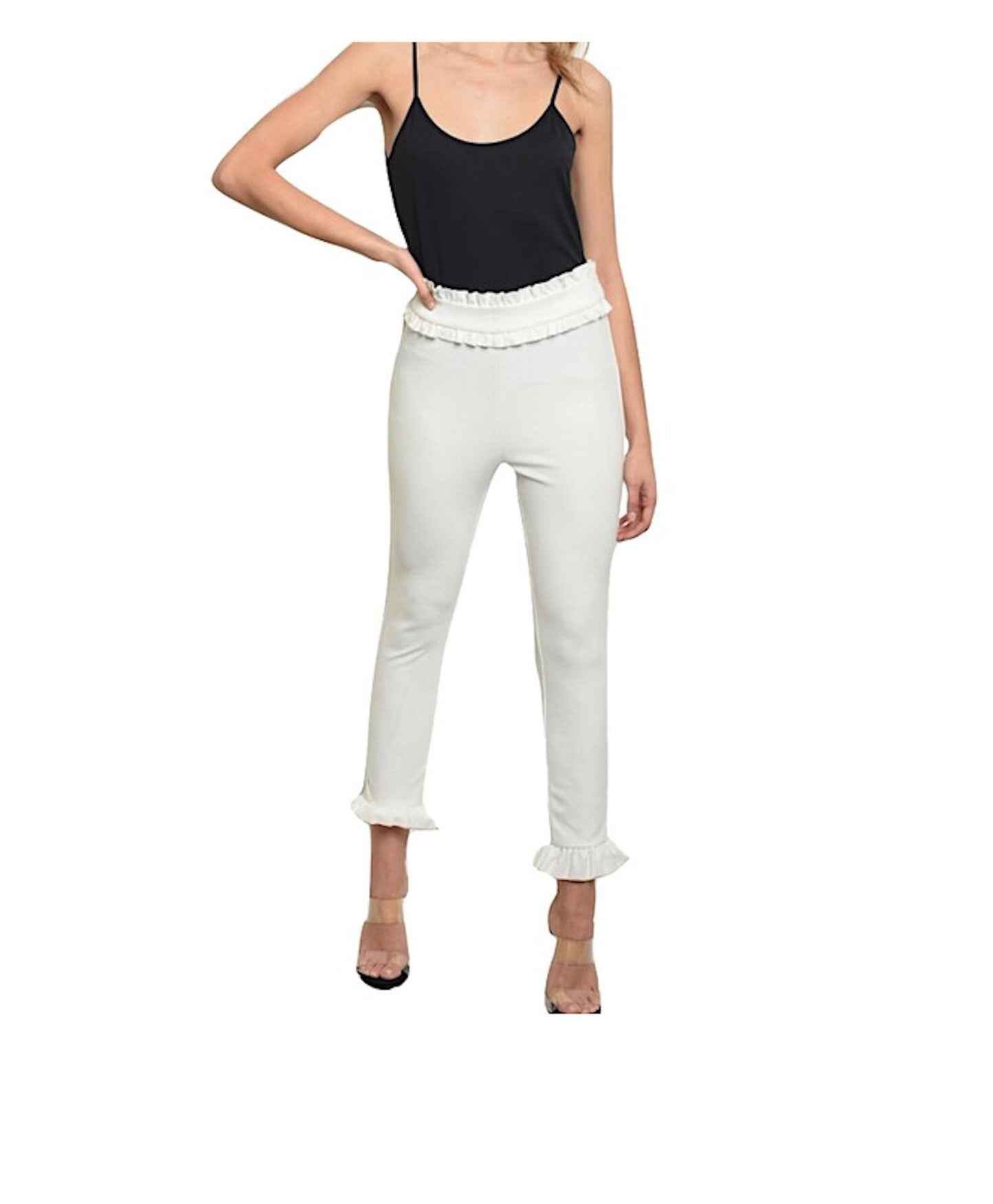 Ruffle Banded Waist Ruffle Hem Skinny Leg Trouser Pant