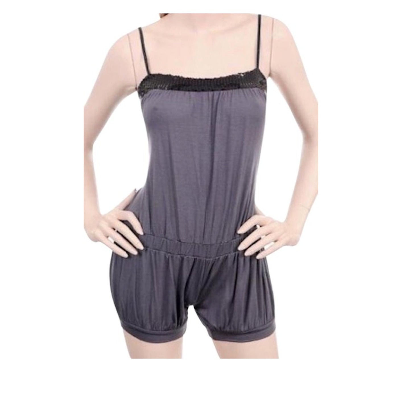 Sequin Trim Shirred Harem Baggy Romper Jumpsuit