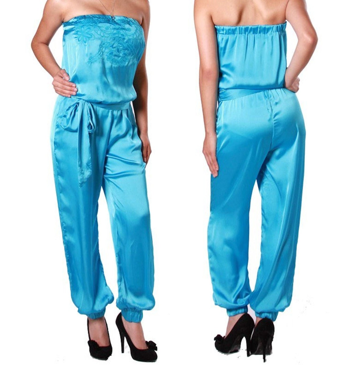 Satin Strapless Embroidered Jumpsuit Romper