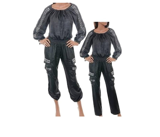 Biker Chic Off Shoulder Studded Smocked Waist Cotton Jumpsuit
