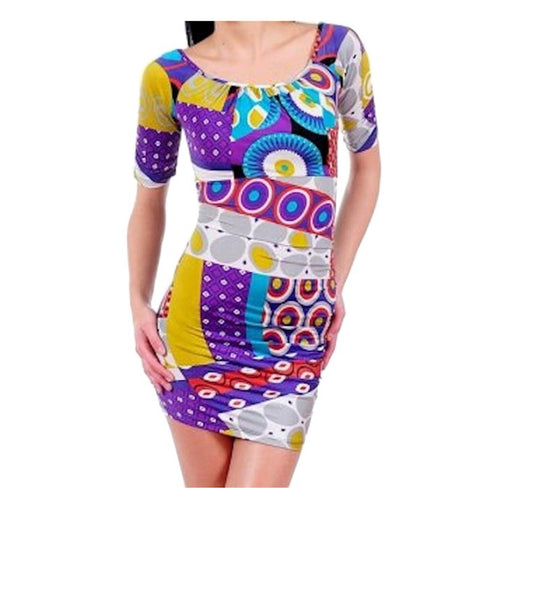 Funky Psychedelic Multi Color Retro Bold Print Sexy Club Jersey Dress