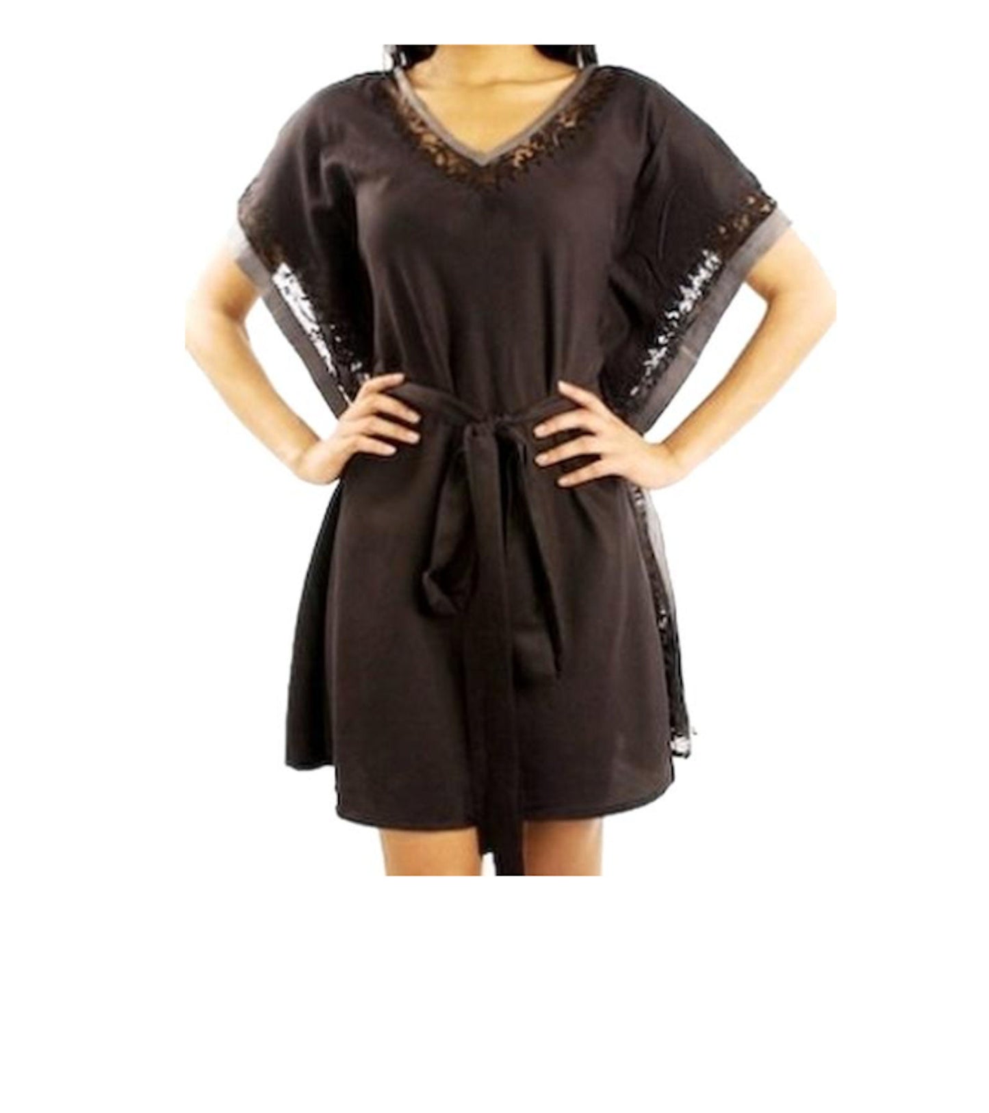 Silk Blend Butterfly Sleeve Lace Trim Tie Waist Dress