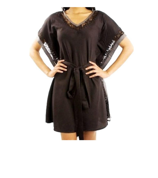 Silk Blend Butterfly Sleeve Lace Trim Tie Waist Dress