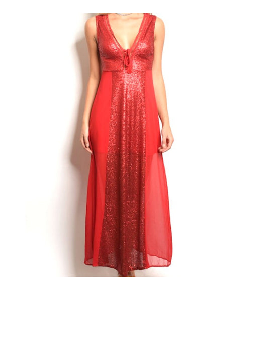 Peekaboo Back Sequin Chiffon Contrast Plunge Gown Wedding Fashion Dress