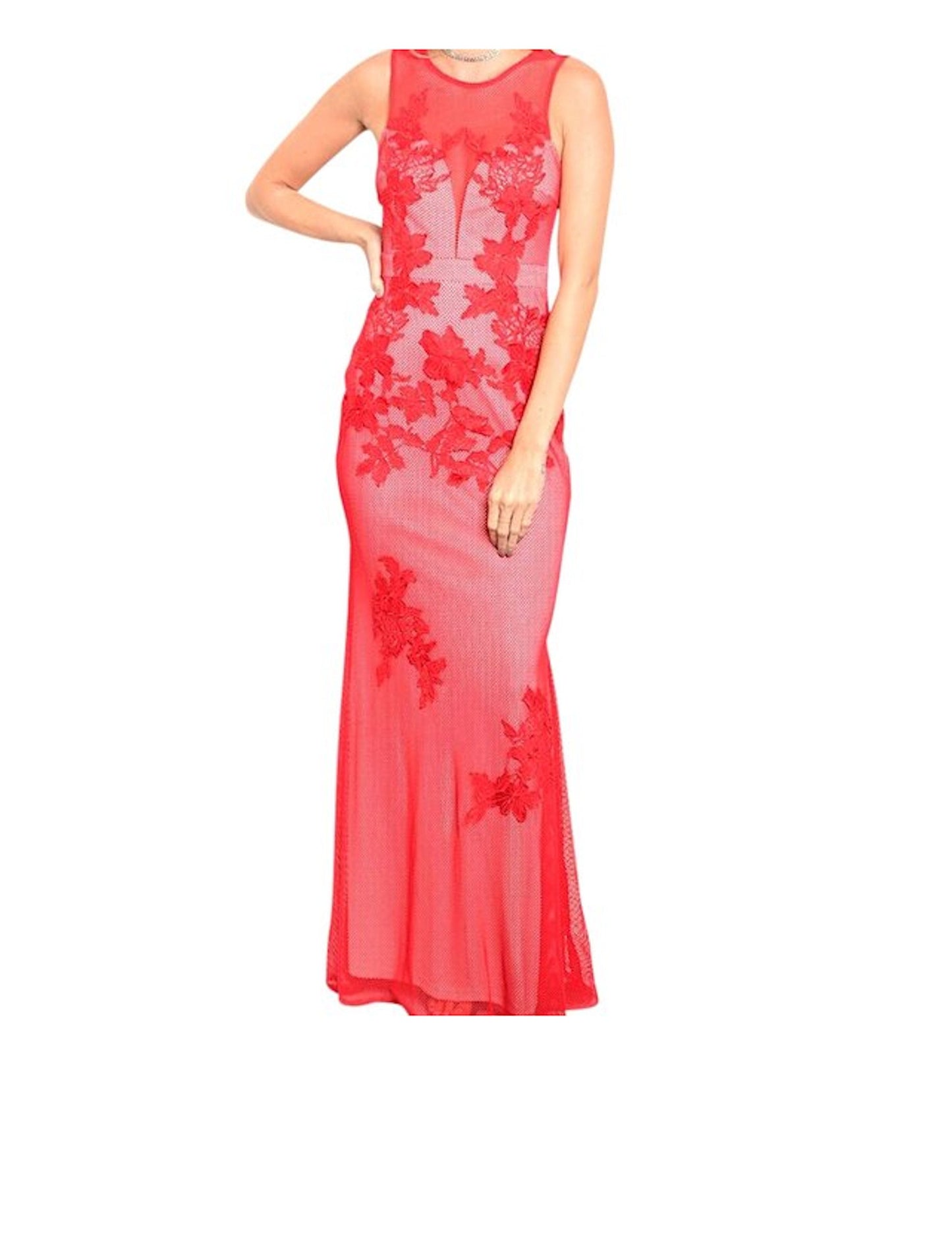 Sleeveless Mesh Overlay Mermaid Plunge Gown Dress Wedding