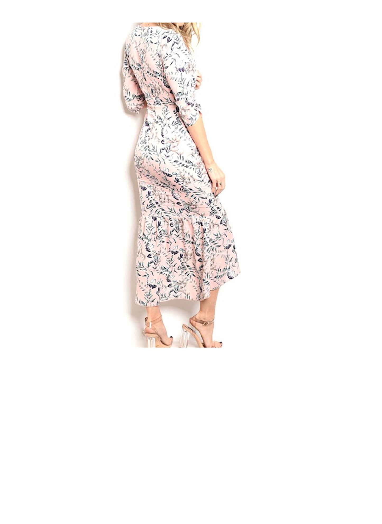 3/4 Sleeve Wrap Top Floral Midi Trumpet Hem Dress
