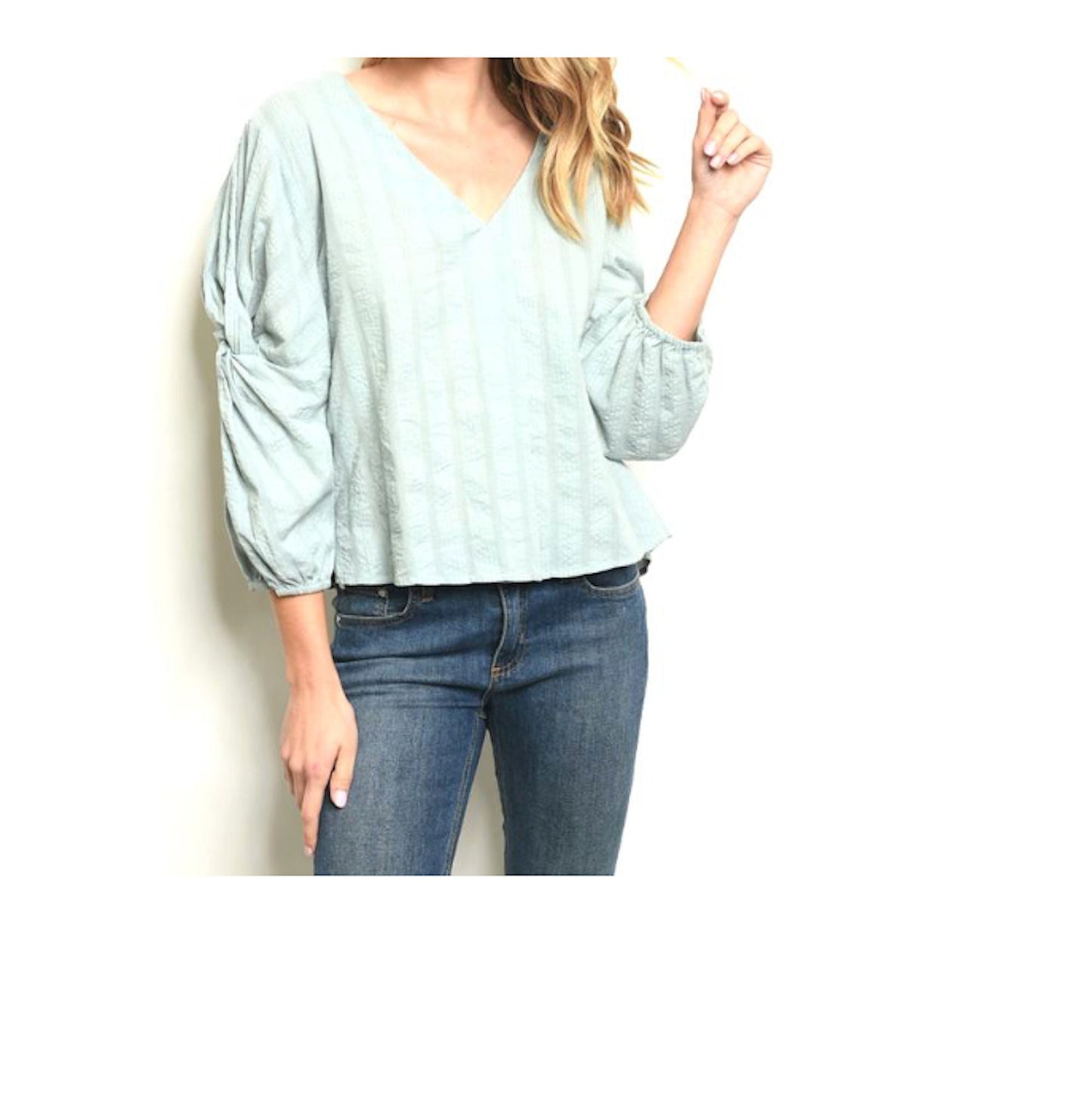 3/4 Twist Puff Sleeve V-Neck Top Blouse