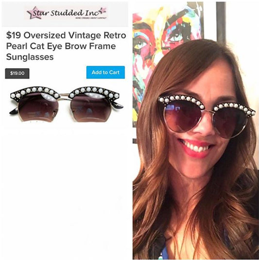 Oversized Vintage Retro Pearl Cat Eye Brow Frame Sunglasses