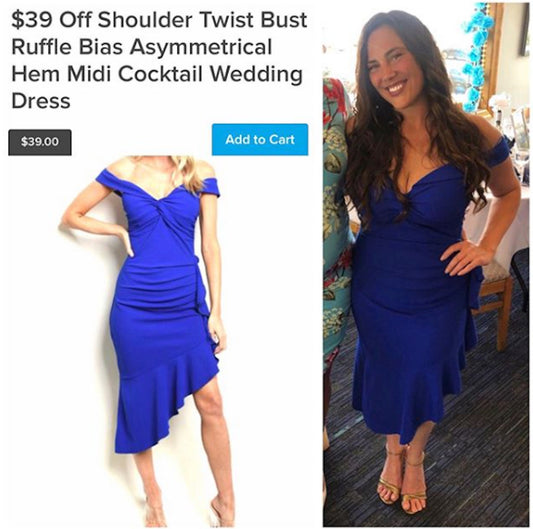 Off Shoulder Twist Bust Ruffle Bias Asymmetrical Hem Midi Cocktail Wedding Dress