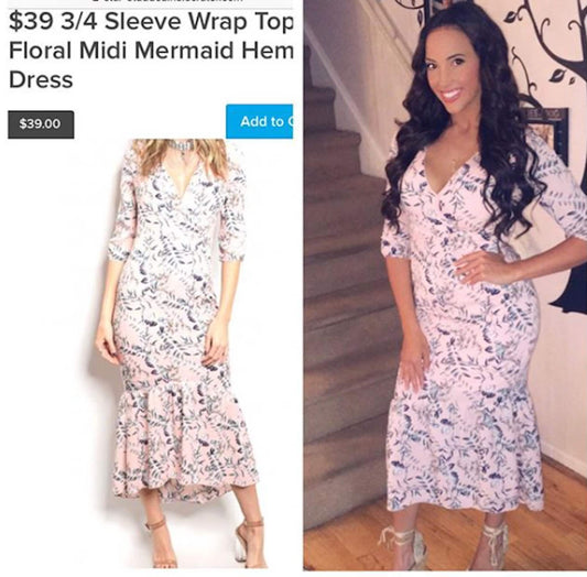 3/4 Sleeve Wrap Top Floral Midi Trumpet Hem Dress