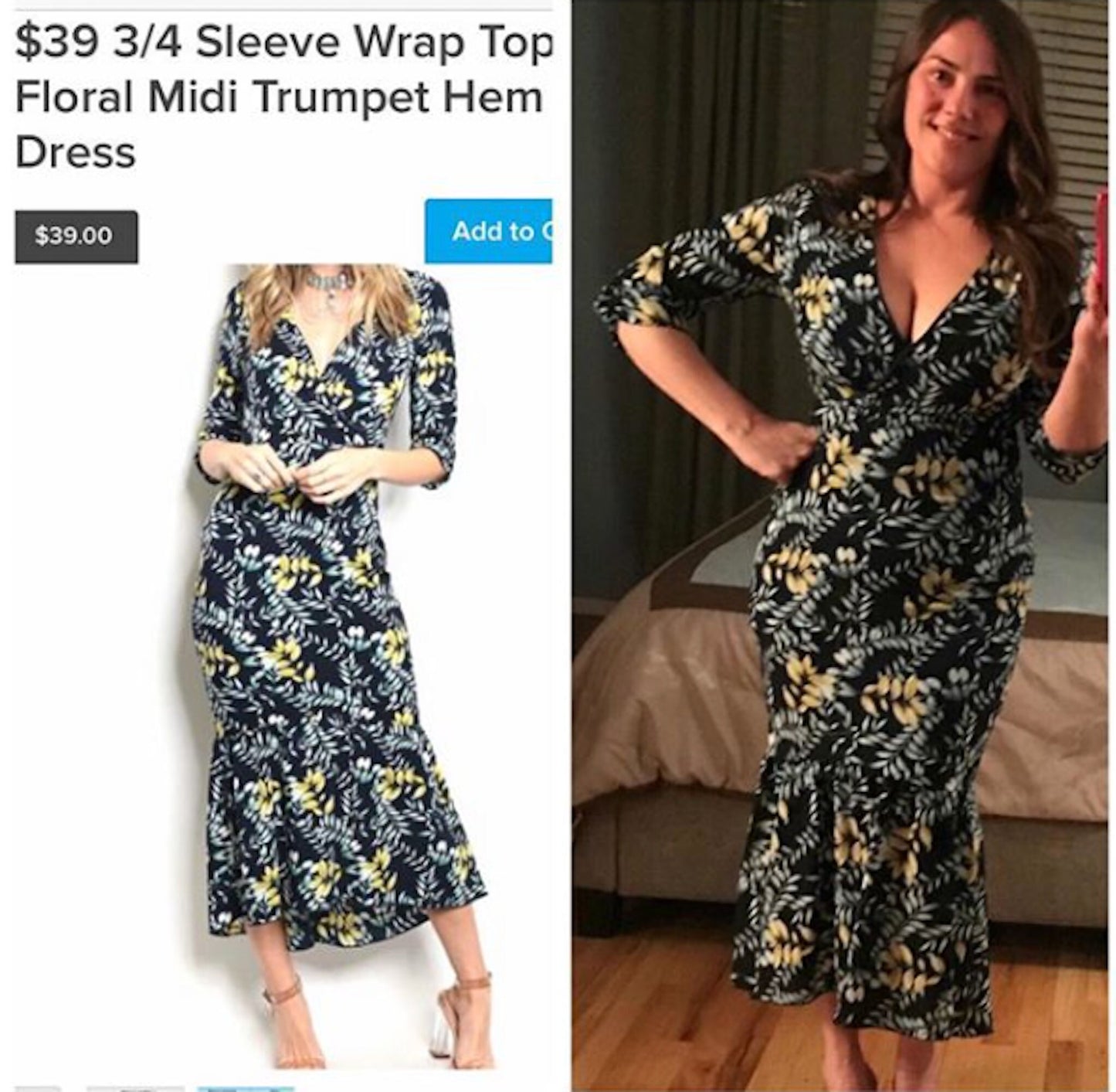3/4 Sleeve Wrap Top Floral Midi Trumpet Hem Dress