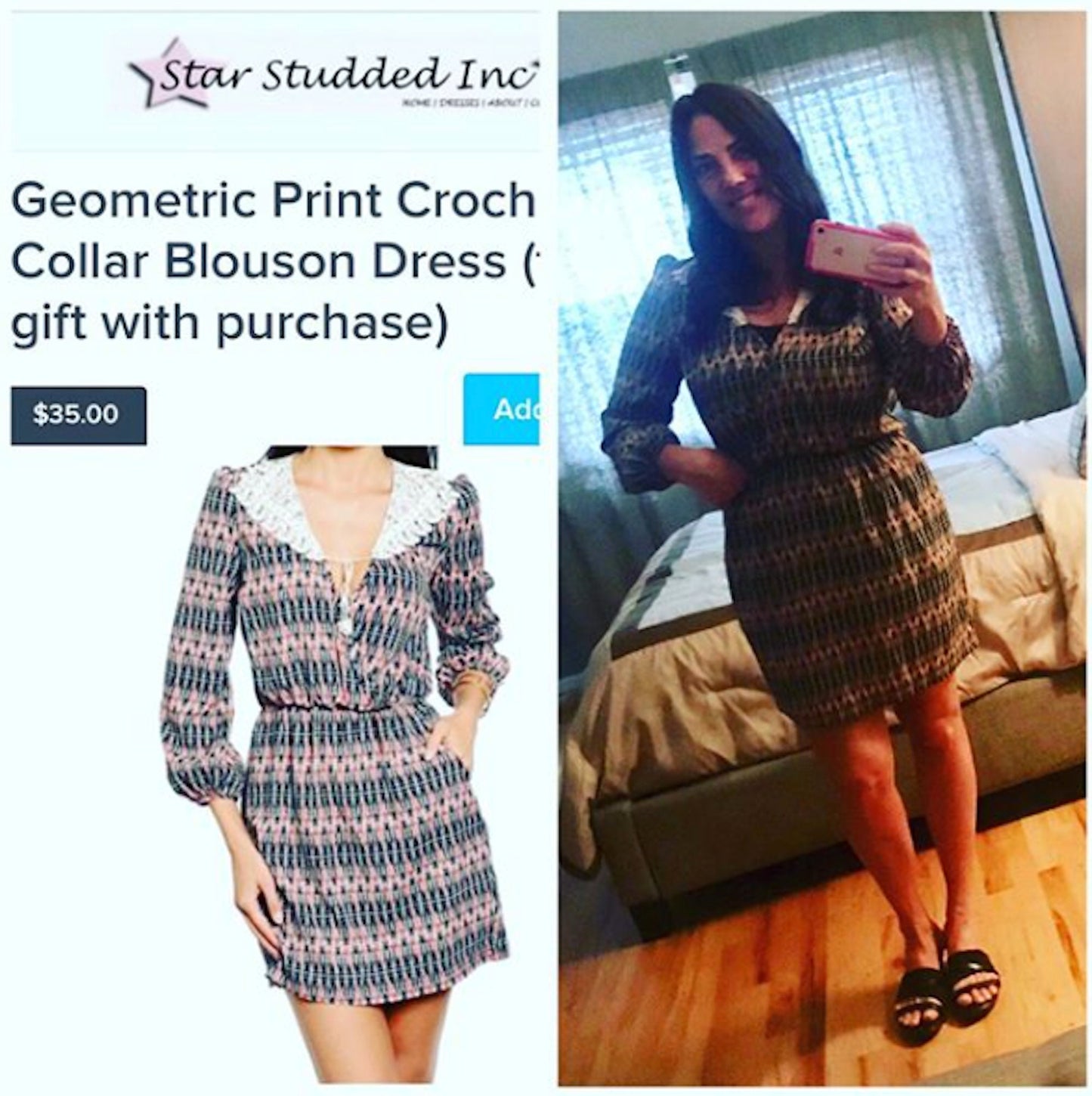 Geometric Print Crochet Collar Blouson Dress
