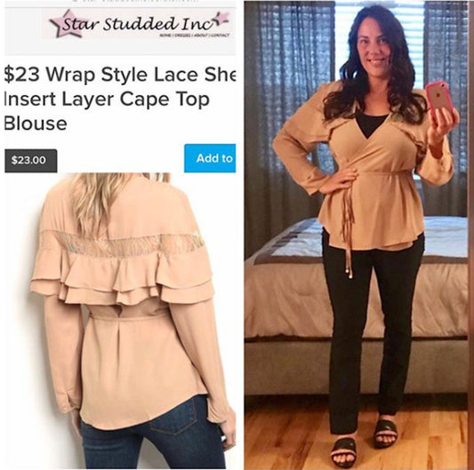 Wrap Style Lace Sheer Insert Layer Cape Top Blouse