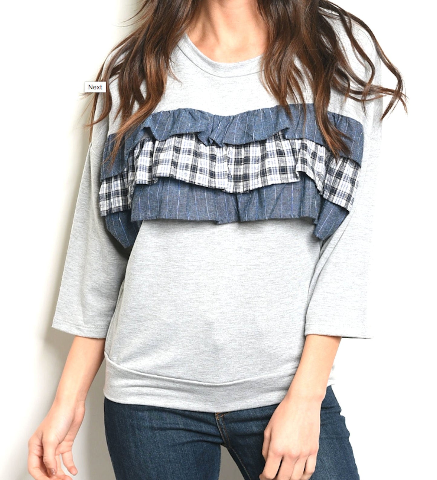 3/4 Sleeve Plaid Ruffle Layer Top Blouse