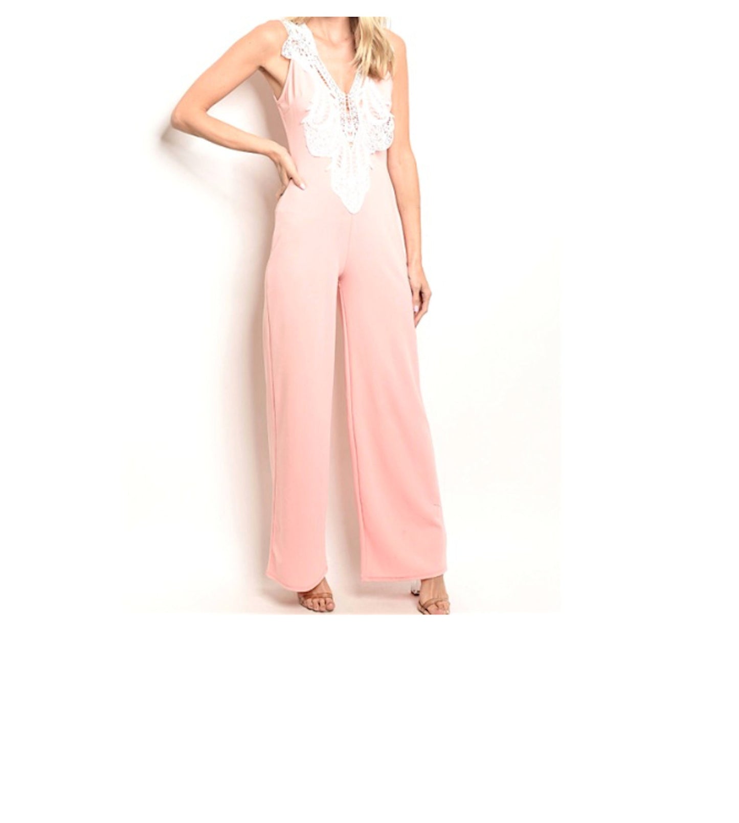 PINK TREND Sleeveless Crochet Appliqué Plunge Wide Leg Jumpsuit