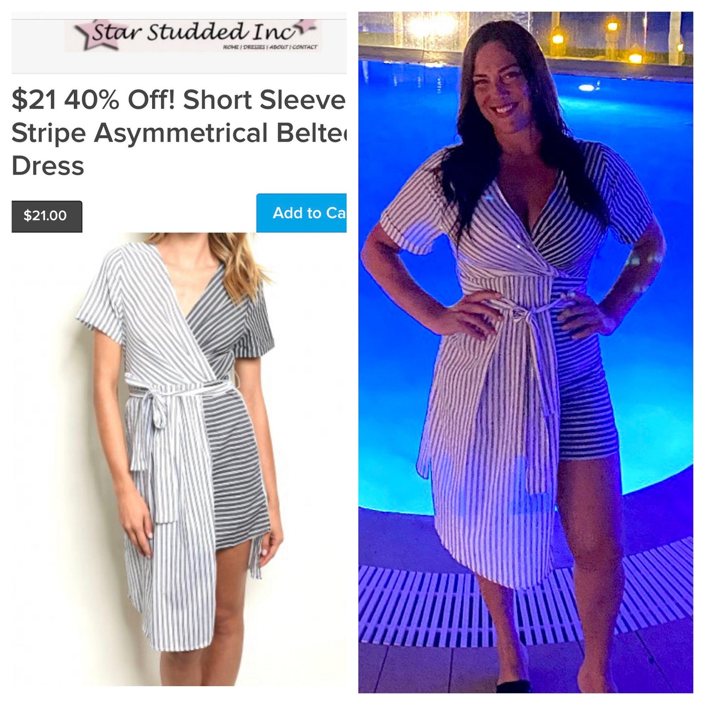 Short Sleeve Stripe Asymmetrical Belted Dress