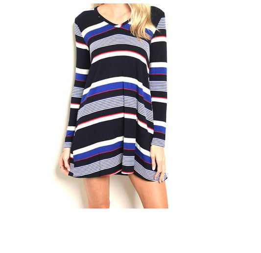 Long Sleeve Stripe Tunic Shift Knit Dress
