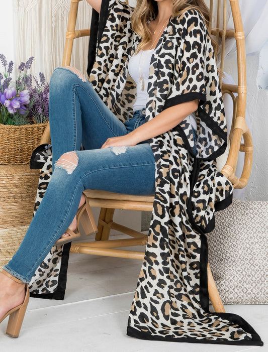Leopard Elbow Kimono Sleeve Open Front Cardigan Beach Cover-Up