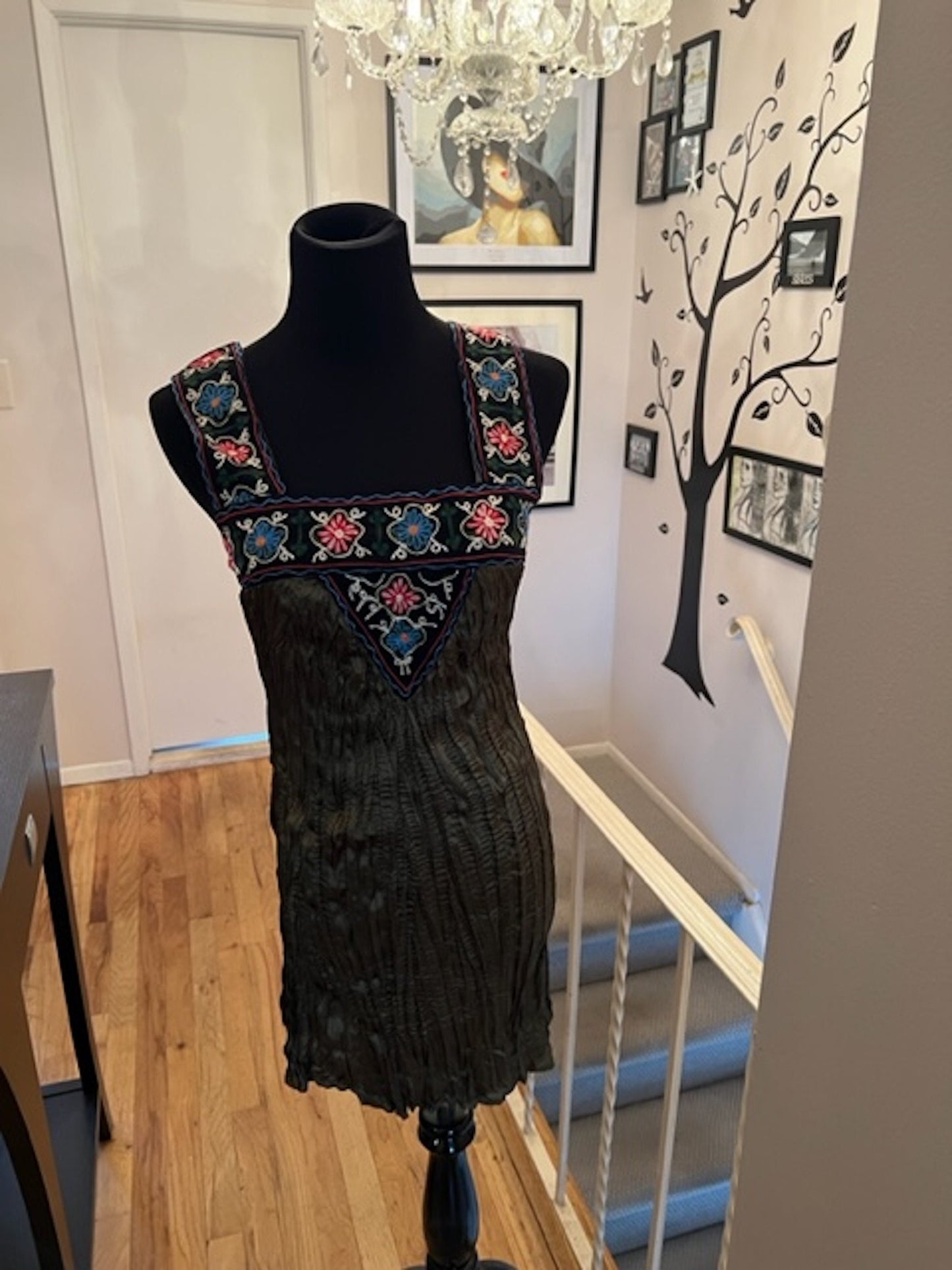 Silk Southwestern Crinkle Embroidered Mini Dress