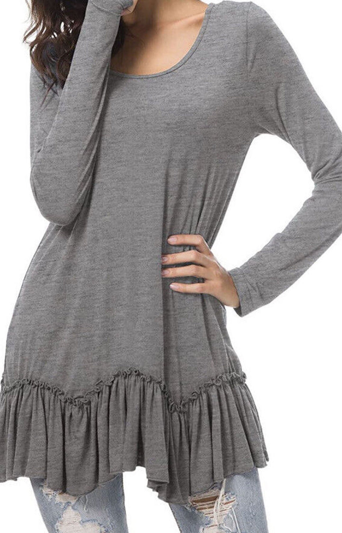 Long Sleeve Ruffle Hem Tunic Top Blouse