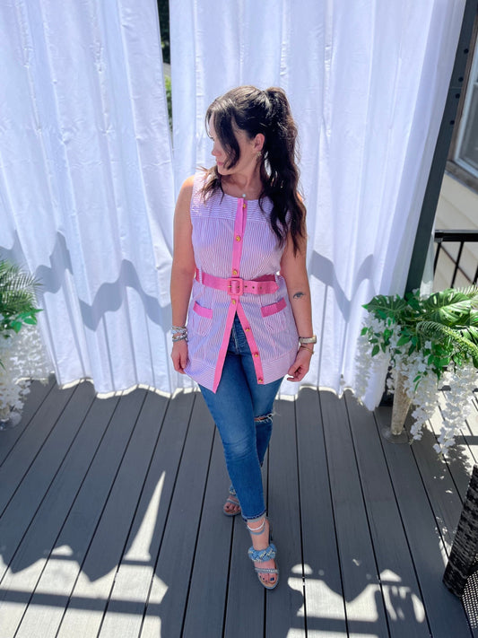 PINK TREND Jackie O Style Belted Sleeveless Stripe Mini Dress or Tunic