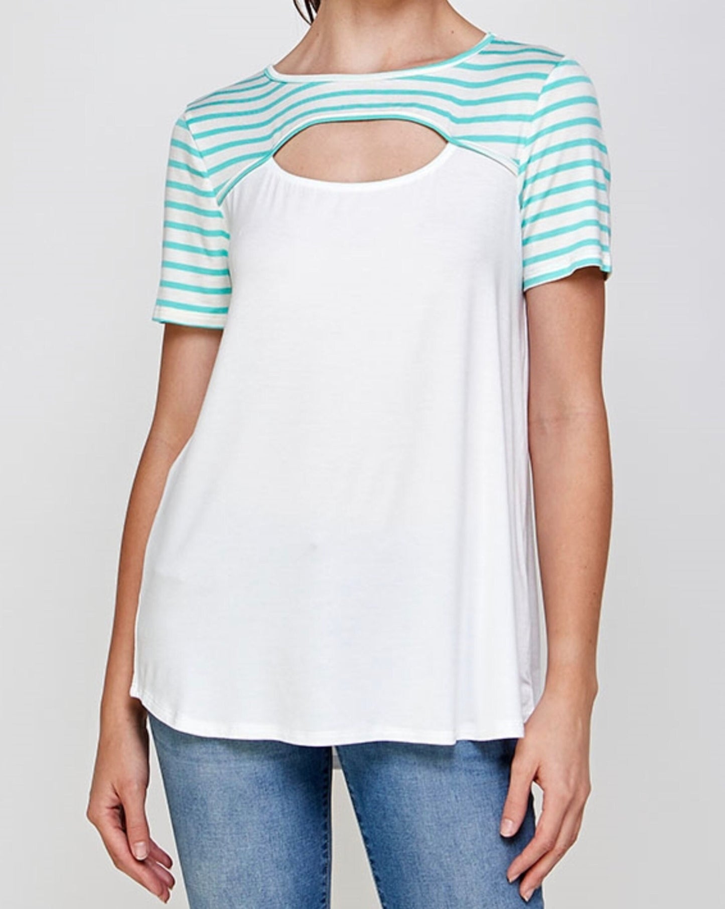 Plus Size Short Sleeve Cut Out Stripe Solid Contrast Top Blouse