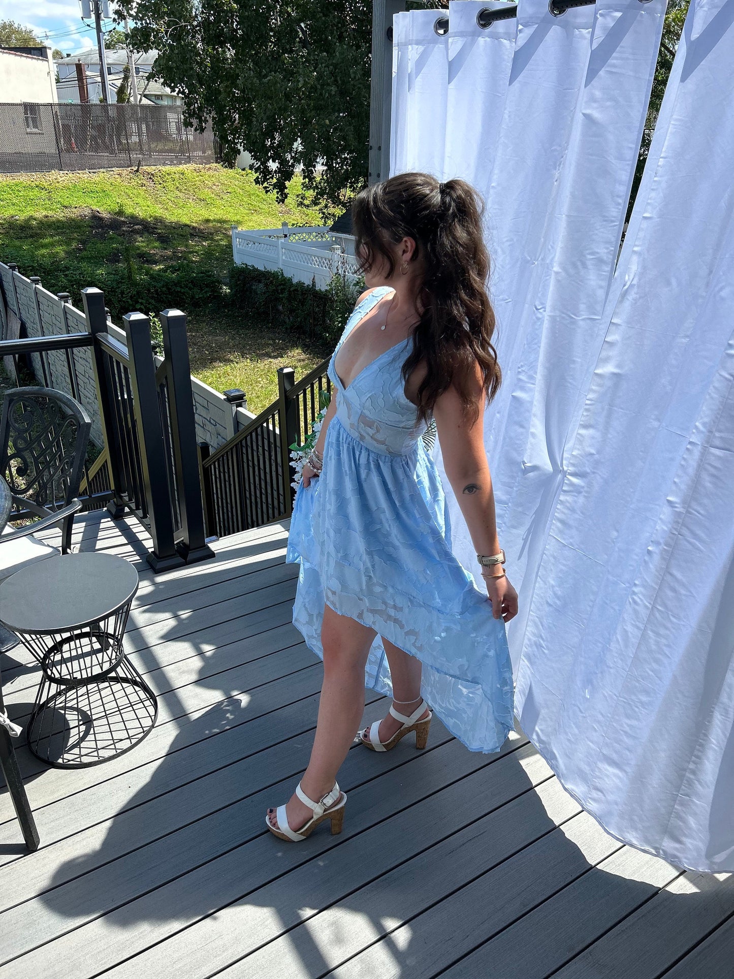 Women's Layered Hi Lo Plunge V Back Sheer Contrast Cocktail Wedding Fashion Dress