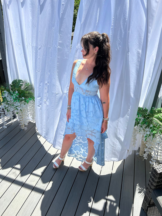 Women's Layered Hi Lo Plunge V Back Sheer Contrast Cocktail Wedding Fashion Dress
