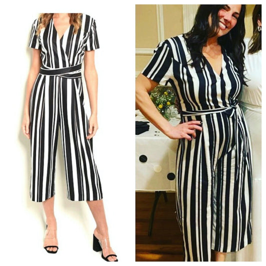 Stripe Short Sleeve Tie Back Wide Leg Crop Jumpsuit