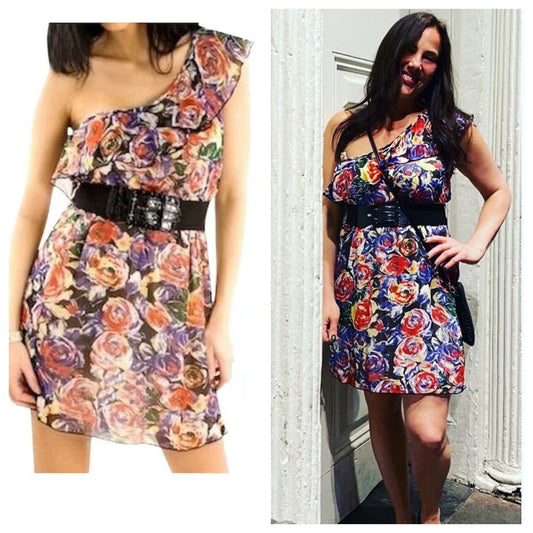 One Shoulder Floral Belted Ruffle Dress