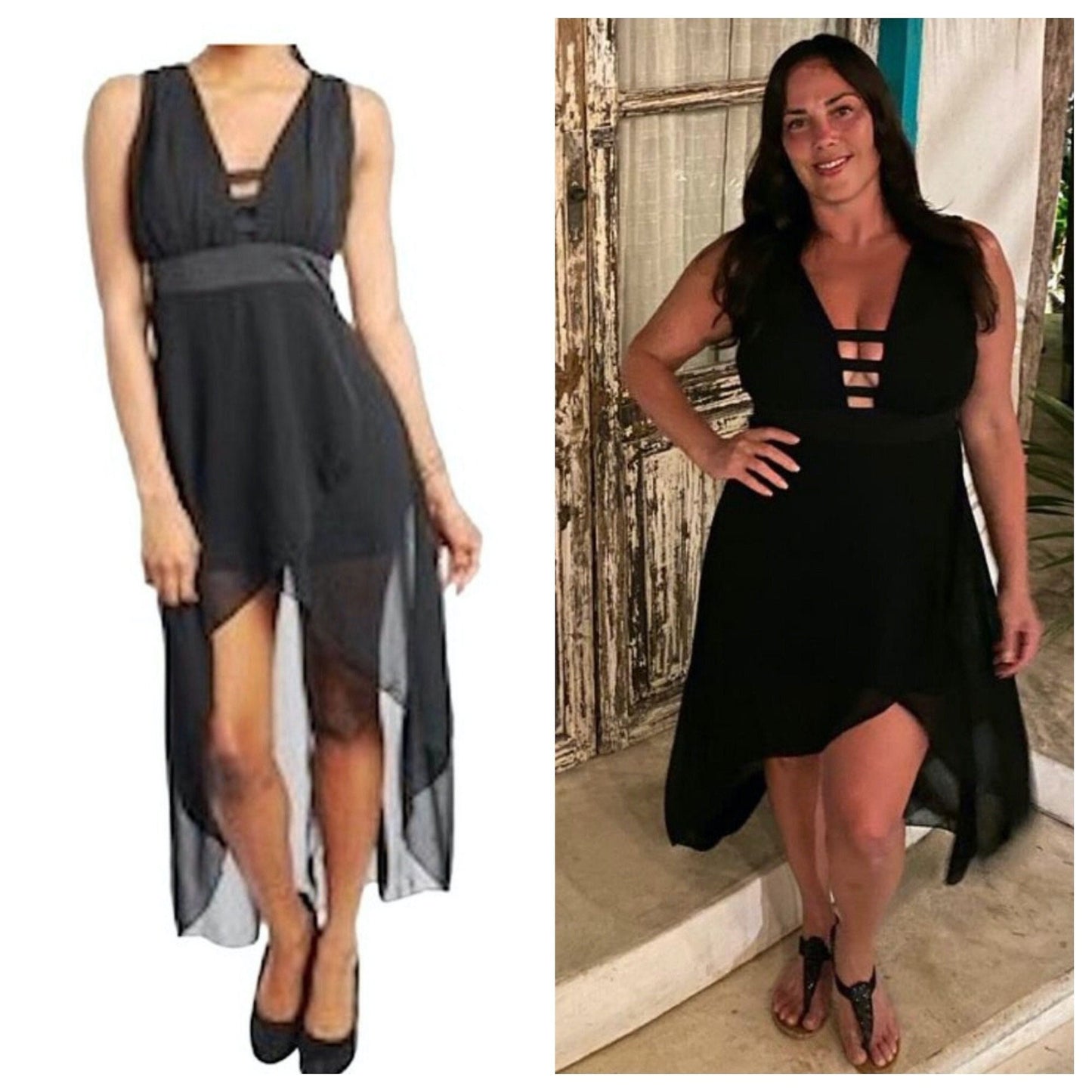 Women's Sleeveless Caged Plunge Open Back Chiffon High Low Cocktail Prom Wedding Dress Fashion