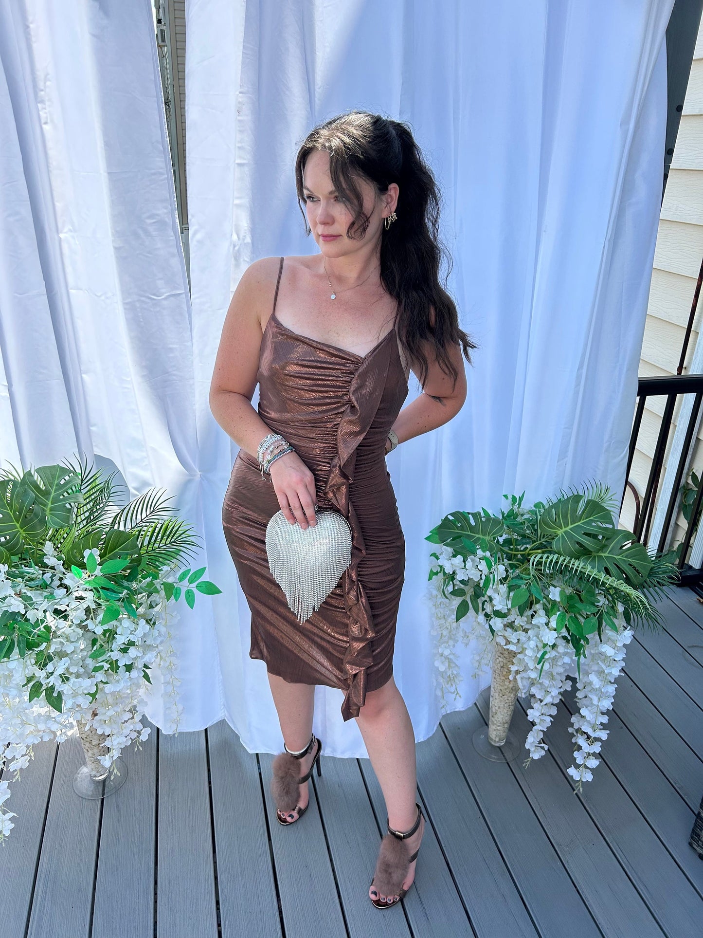 Spaghetti Strap Liquid Ruch Waterfall Ruffle Asymmetrical Cocktail Wedding Dress