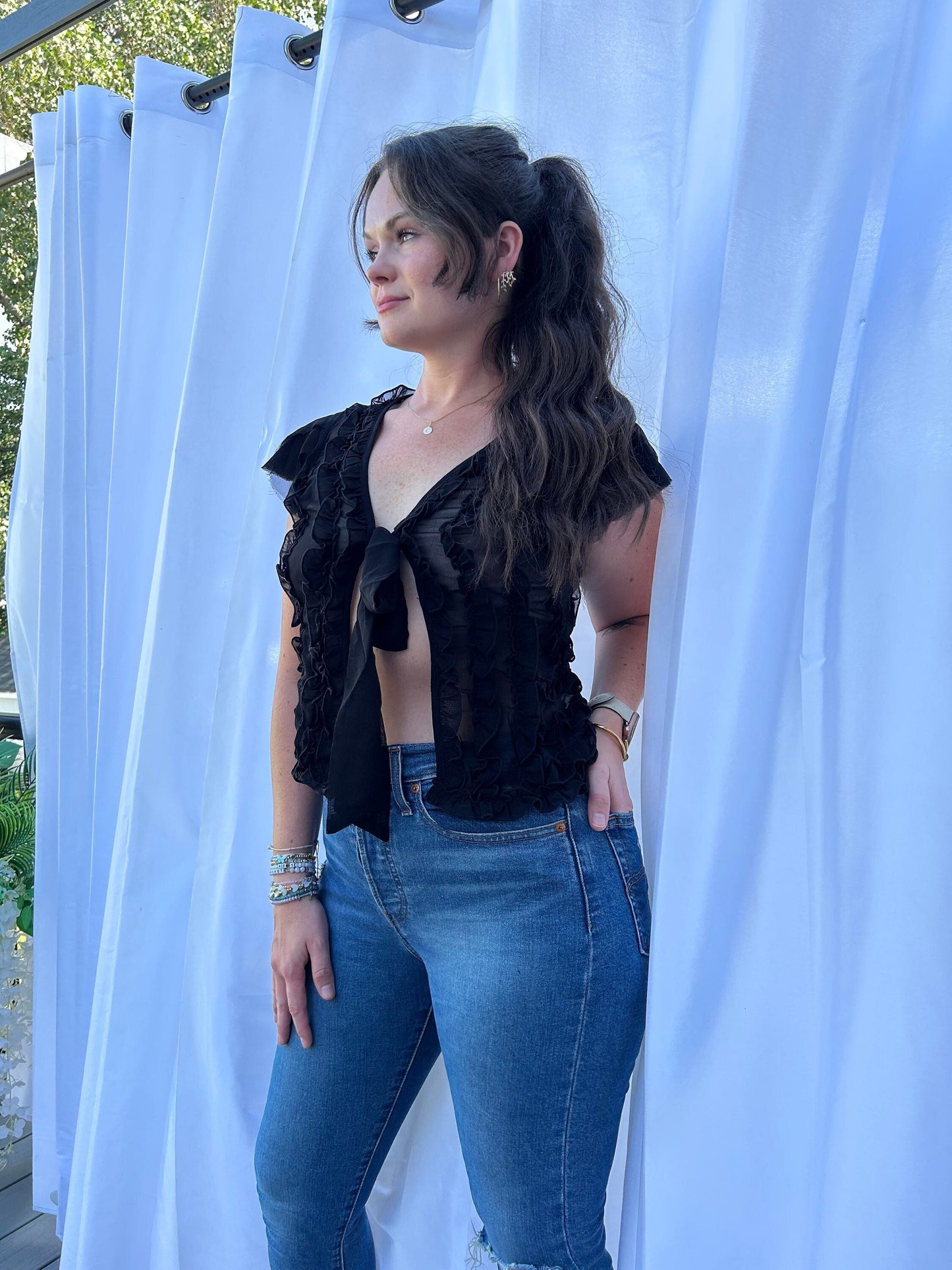 Ruffle Cap Sleeve Bowknot Semi Sheer Top Blouse