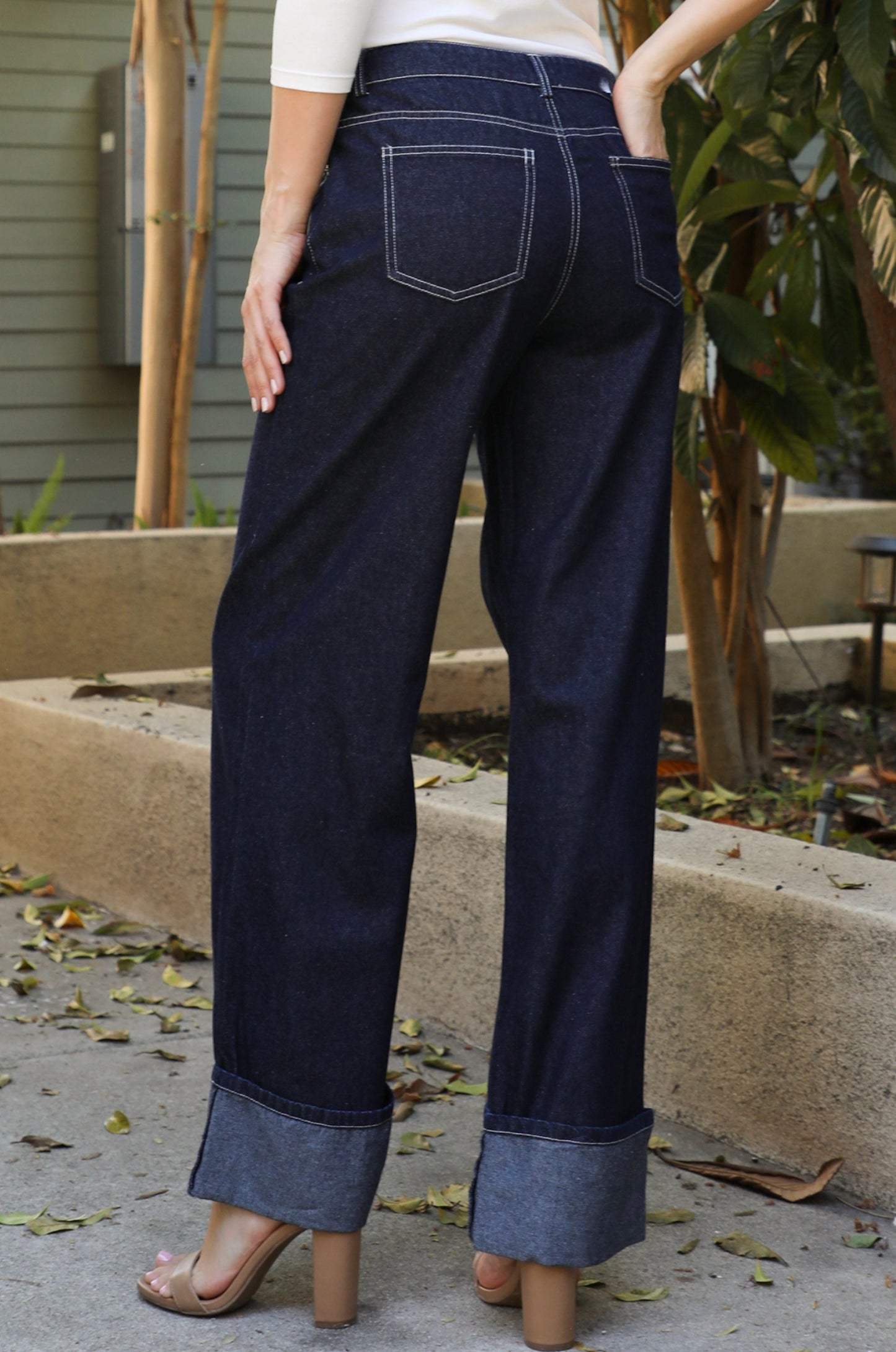 Wide Leg Cuff Bottom Dark Denim Jeans