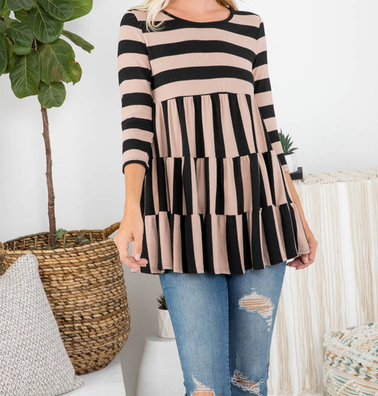 Plus Size 3/4 Sleeve Alternating Stripe Babydoll Top Blouse