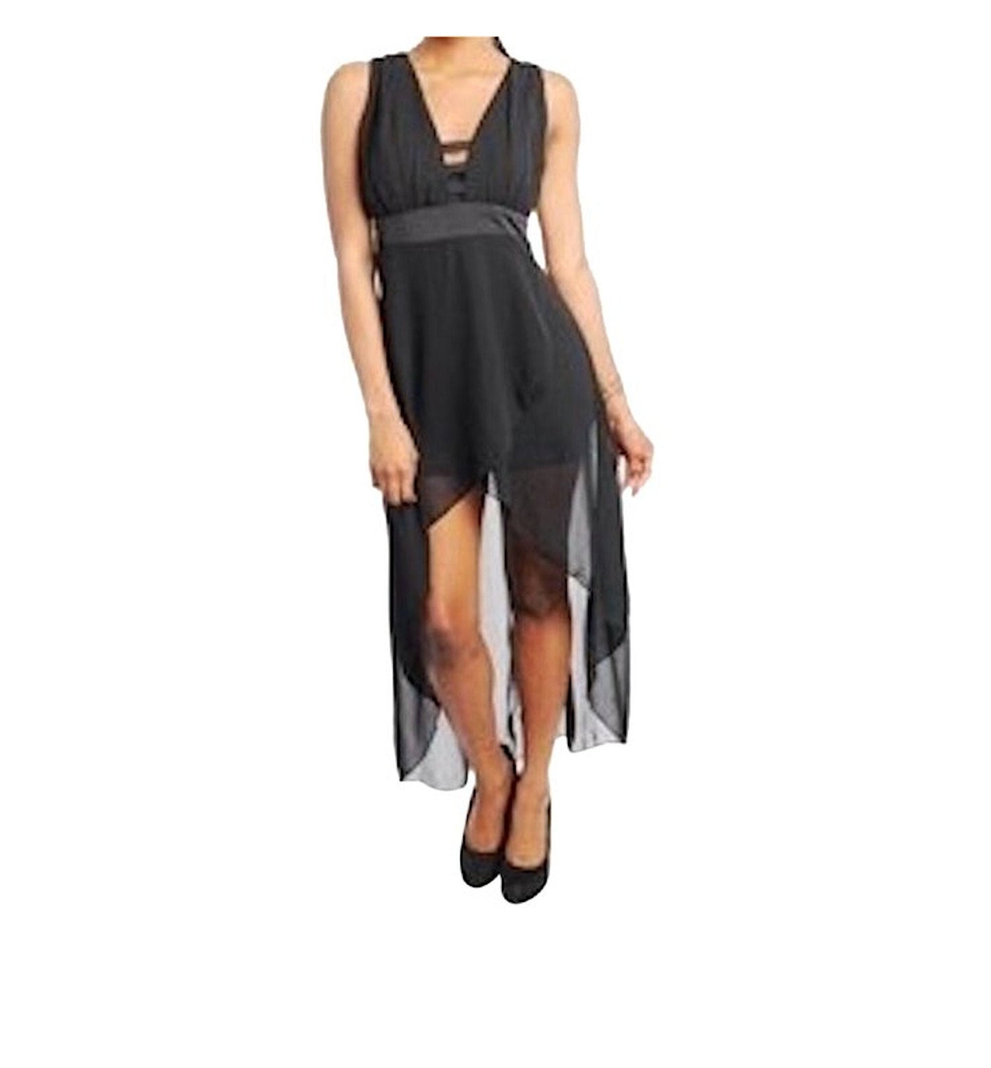 Women's Sleeveless Caged Plunge Open Back Chiffon High Low Cocktail Prom Wedding Dress Fashion