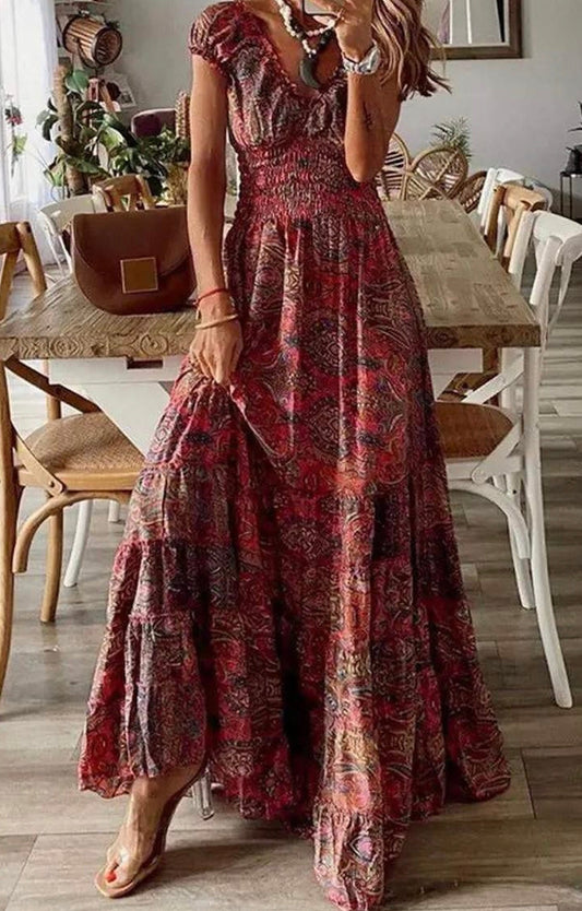 Women's Cap Sleeve Smocked Waist Tribal Print Peasant Maxi Dress Fashion