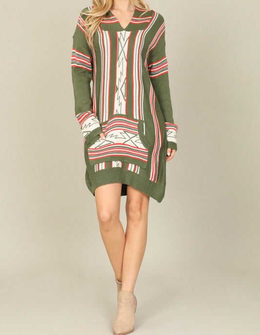 Women's Long Sleeve Stripe Aztec Print Hoodie Knit Sweater Dress Fashion