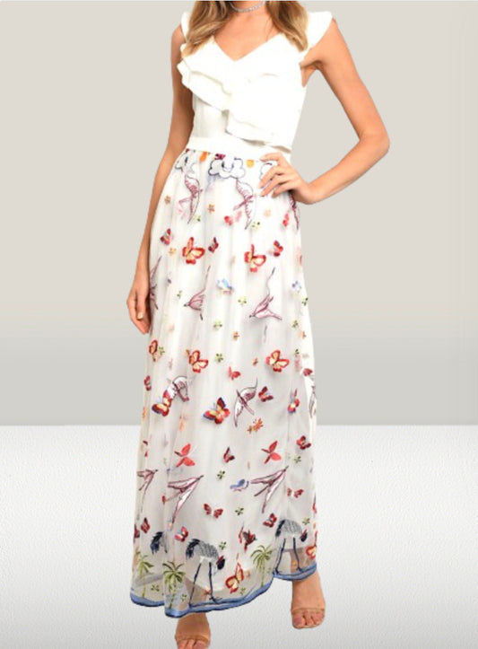 Women's Ruffle Contrast Embroidered Butterfly Garden Maxi Dress Fashion