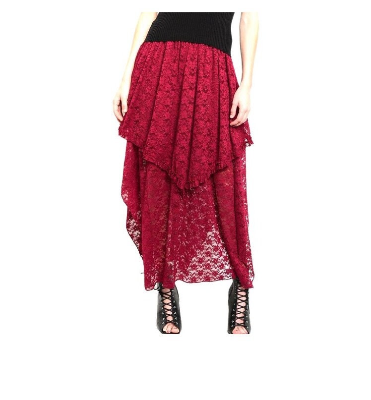 Women's Lace Tiered Asymmetrical Long Lace Skirt Fashion