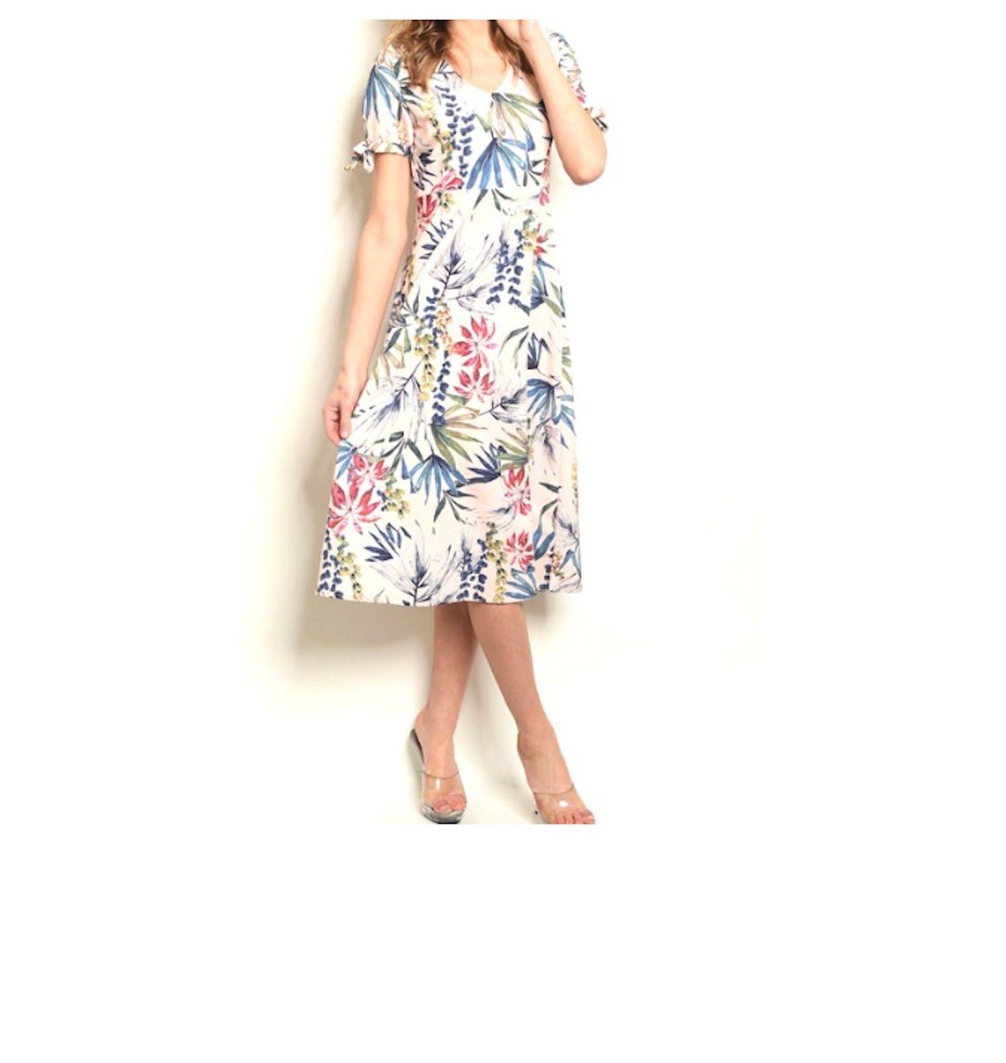 Women's Short Sleeve Empire Waist Tropical Print Career Midi Dress Fashion
