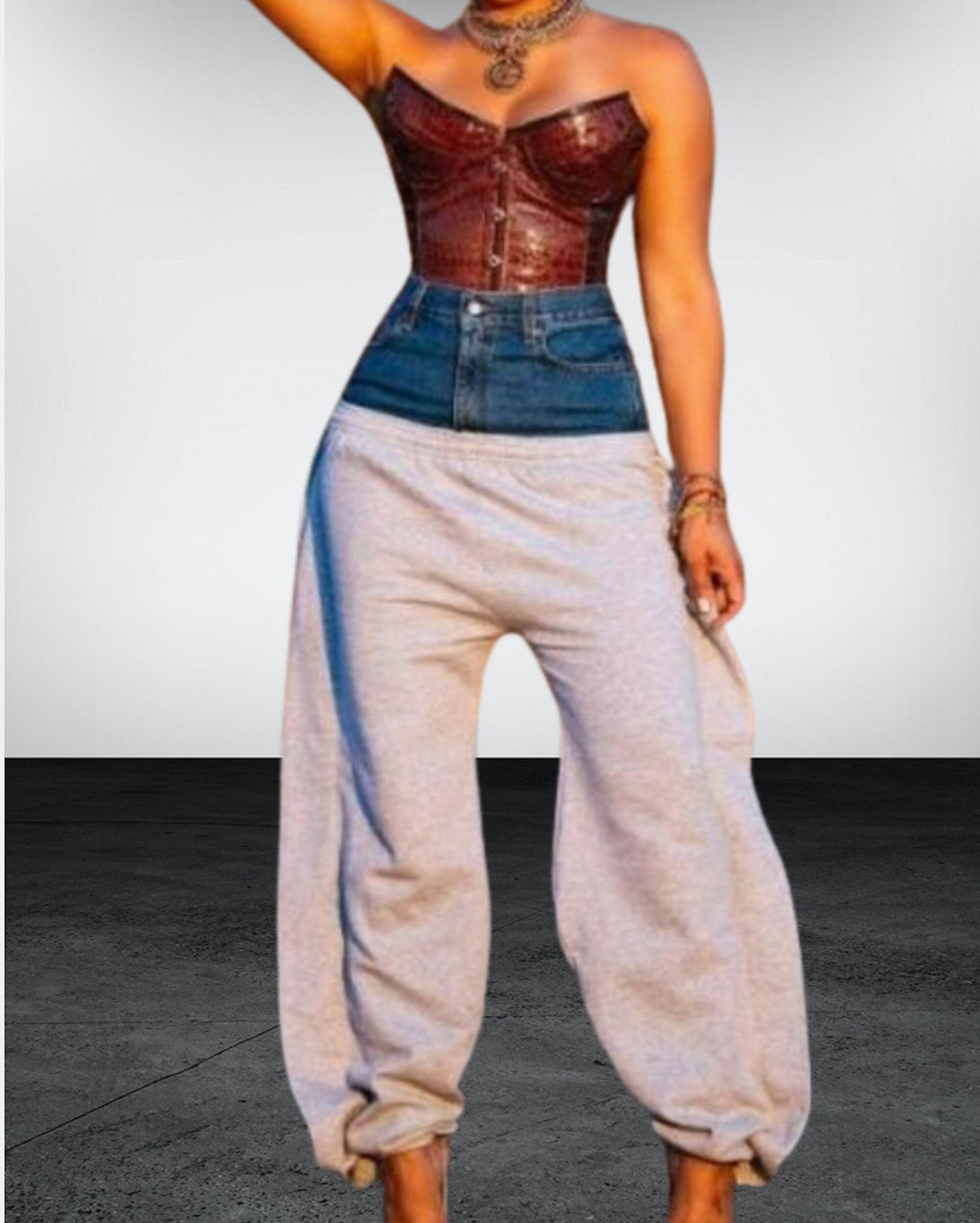 Women's High Waist Denim Contrast Baggy Jogger Sweat Pant Fashion