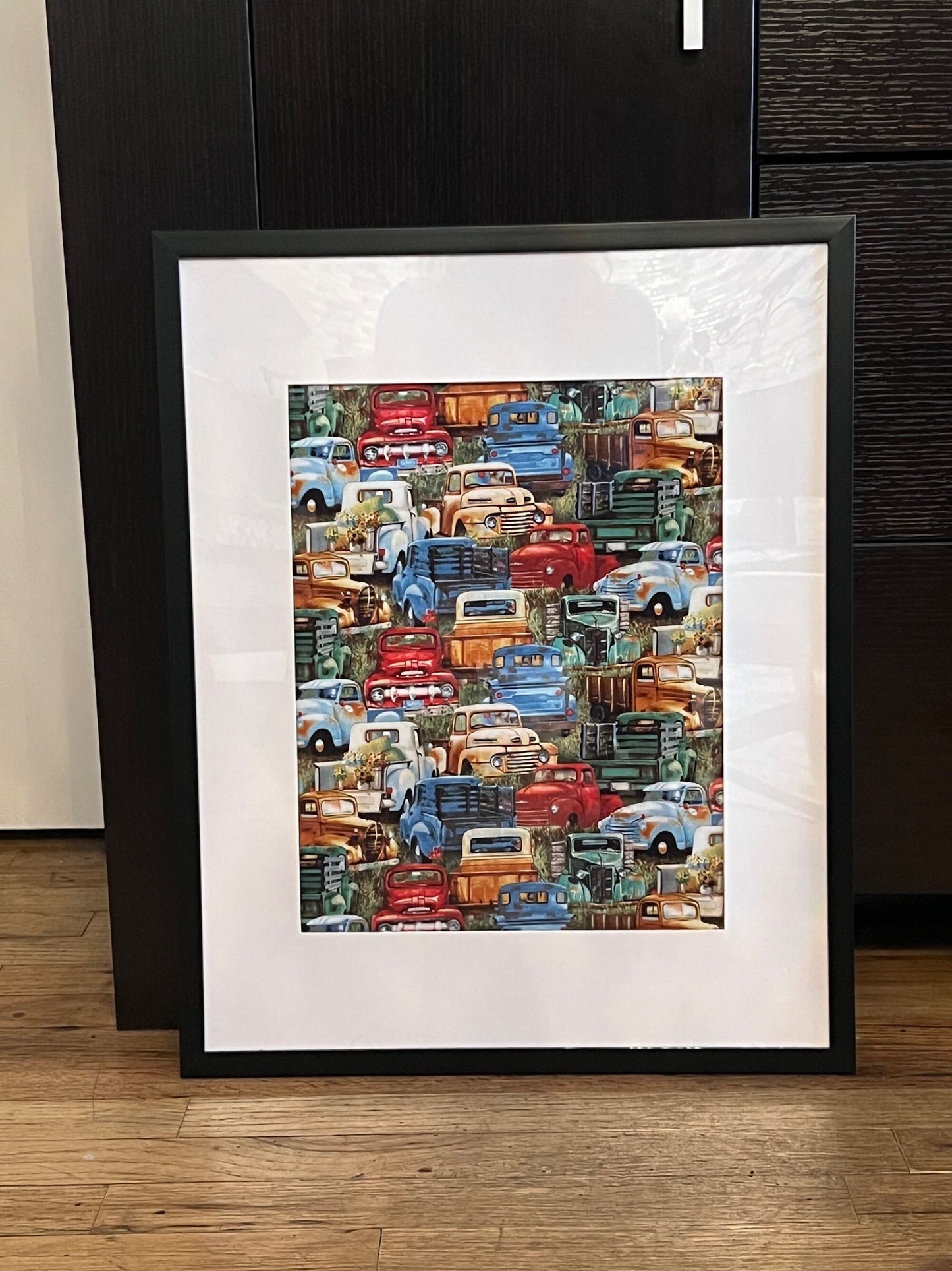 16 x 20 Framed Vintage Retro Pickup Trucks Cotton Fabric Textile Wall Art