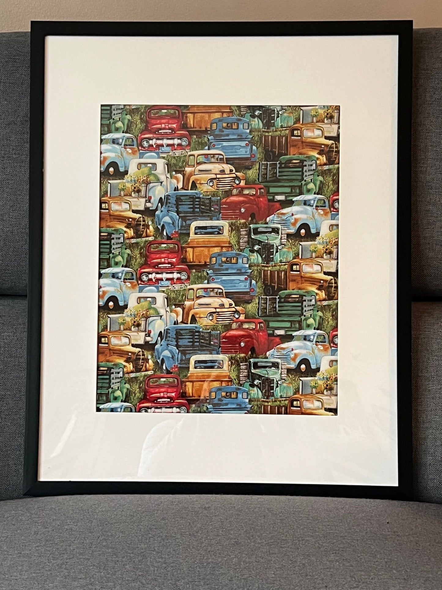 16 x 20 Framed Vintage Retro Pickup Trucks Cotton Fabric Textile Wall Art