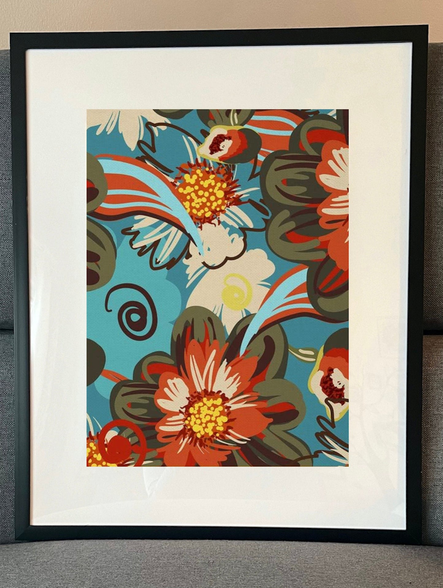 16 x 20 Framed Bold Vintage Floral Polyester Fabric Textile Wall Art