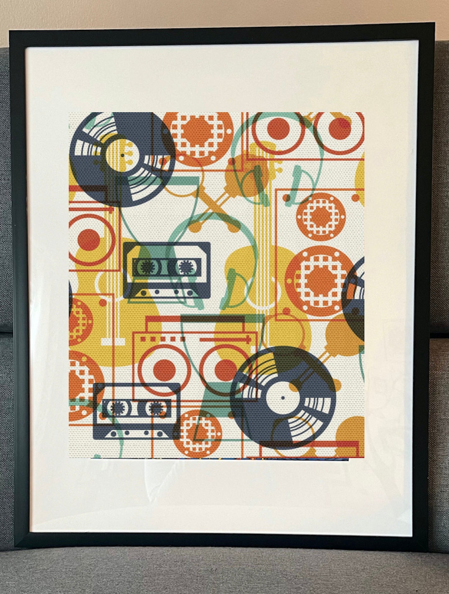 16 x 20 Framed Bold Retro Record Music Inspired Cotton Fabric Textile Wall Art