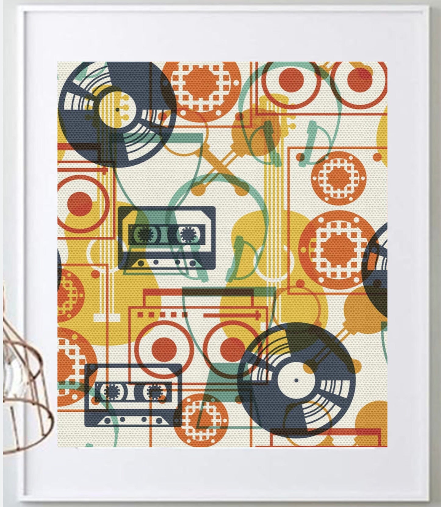 16 x 20 Framed Bold Retro Record Music Inspired Cotton Fabric Textile Wall Art