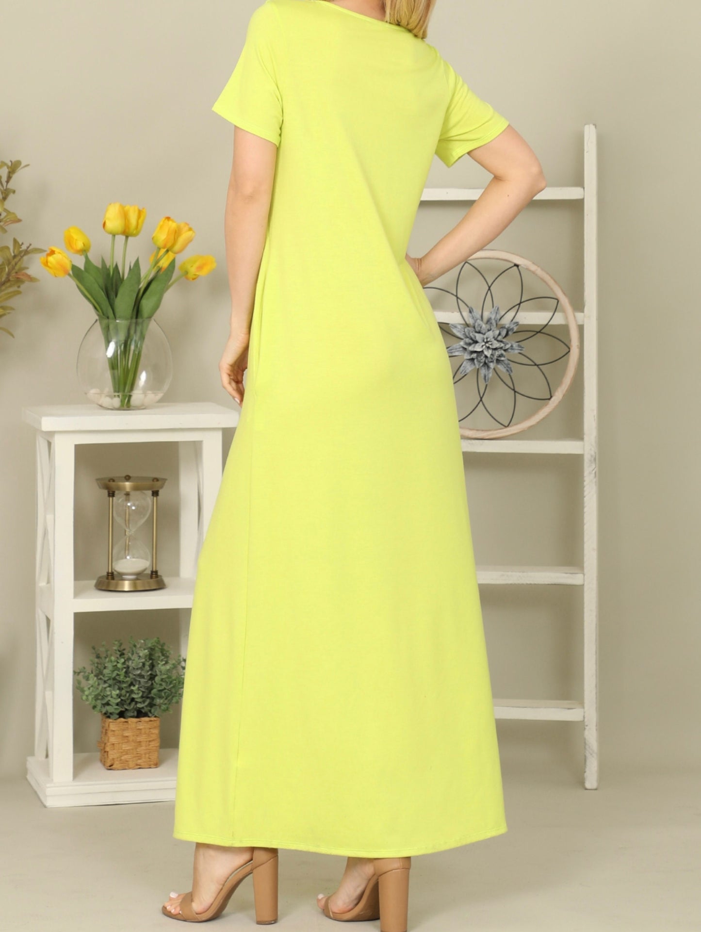 Women's Short Sleeve Lattice Neckline Pocket Side Slit Maxi Dress Fashion