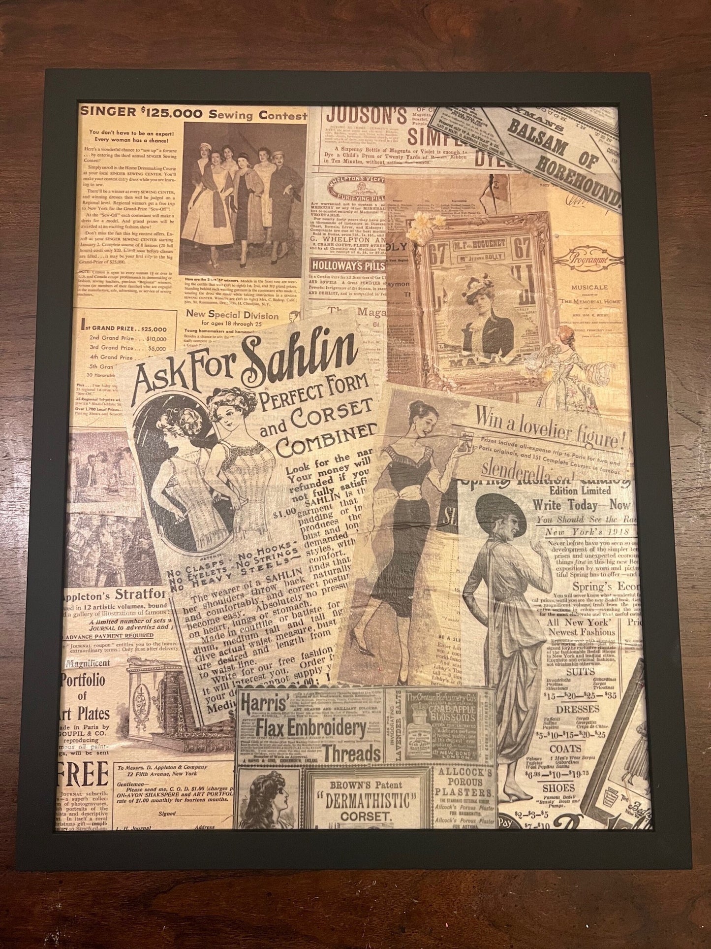 12 x 15 Vintage Newspaper Fashion Decoupage Framed Canvas Wall Art