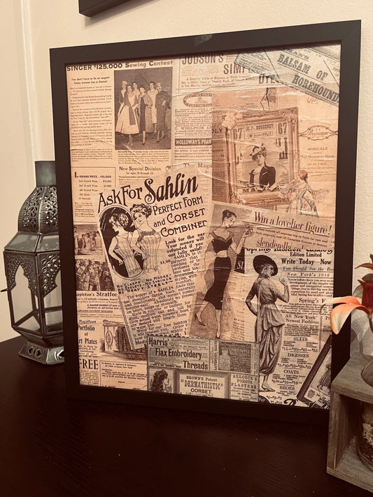 12 x 15 Vintage Newspaper Fashion Decoupage Framed Canvas Wall Art